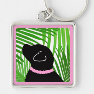 Green Palm Tree Island Black Dog Keychain