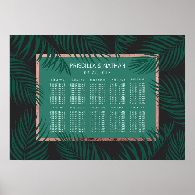 Green Palm Tree Leaf Black Rose Gold Seating Chart (Front)