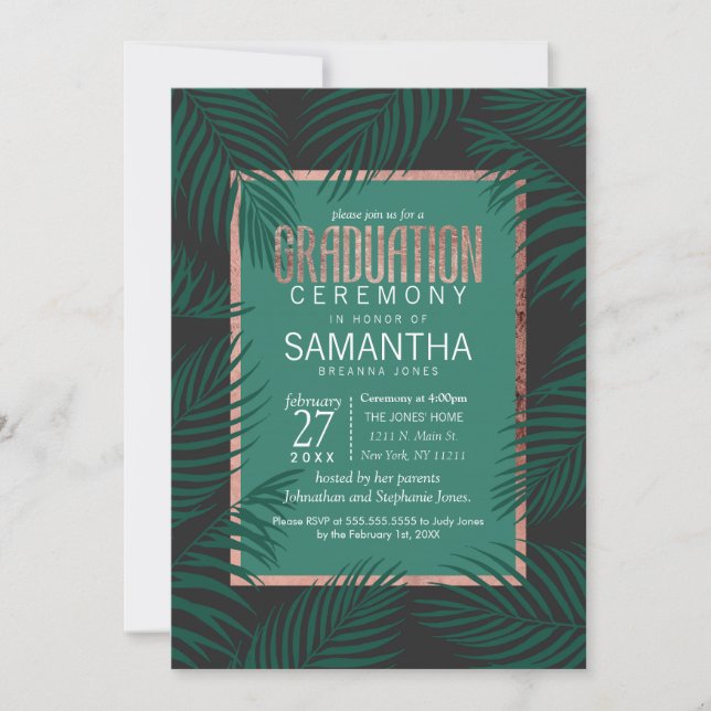 Green Palm Tree Leaves Black Rose Gold Graduation Invitation (Front)