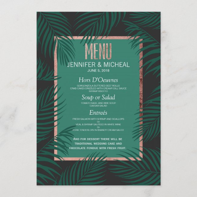 Green Palm Tree Leaves Black Rose Gold Wedding Menu (Front)