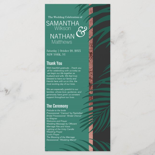 Green Palm Tree Leaves Black Rose Gold Wedding Programme (Front)