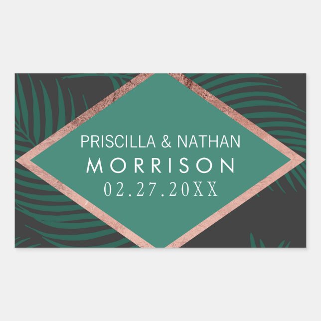 Green Palm Tree Leaves Black Rose Gold Wedding Rectangular Sticker (Front)