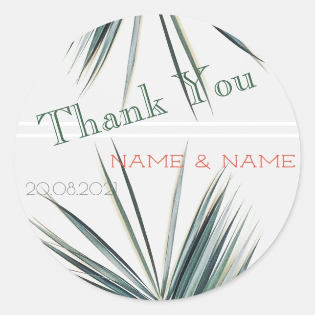 Green Palm Tree Leaves Thank You Wedding Sticker (Front)