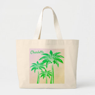Green Palm Tree Sunset Pink Sky Beach Summer Name Large Tote Bag