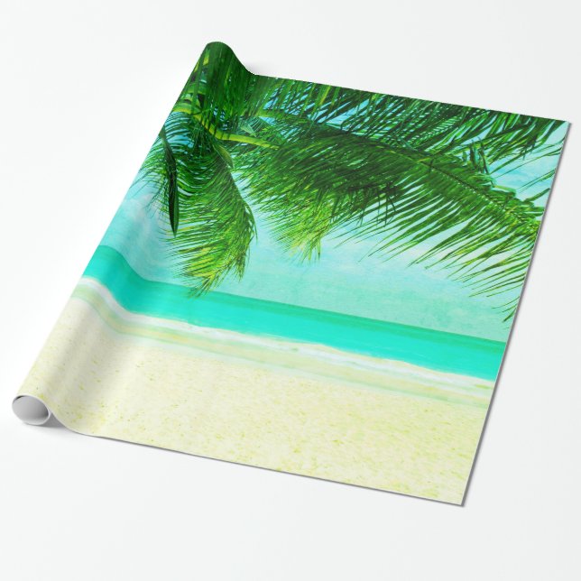 Green Palm Trees on Beach Blue Sea & Sky Wrapping Paper (Unrolled)