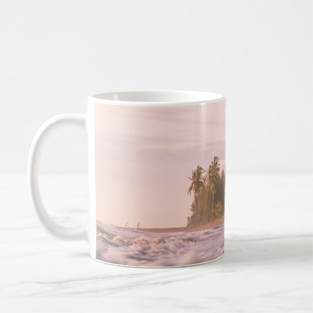 GREEN PALM TREES ON BROWN SAND UNDER WHITE CLOUDS COFFEE MUG (Left)