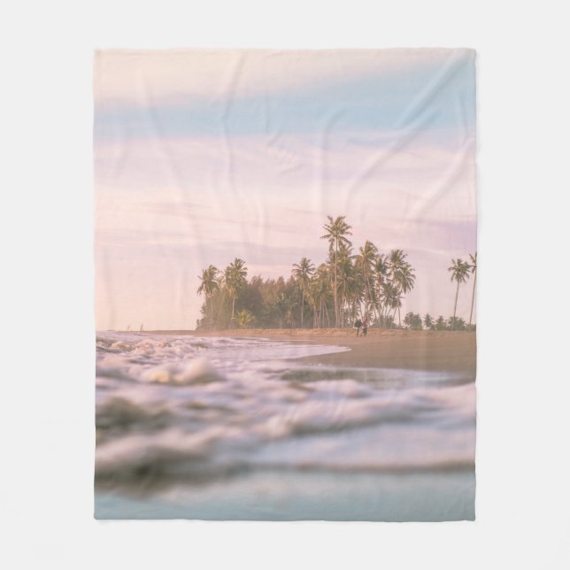 GREEN PALM TREES ON BROWN SAND UNDER WHITE CLOUDS FLEECE BLANKET (Front)
