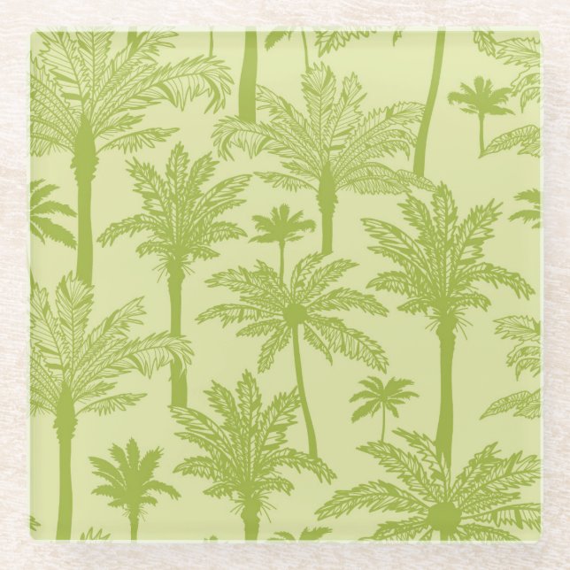 Green Palm Trees Pattern Glass Coaster (Front)