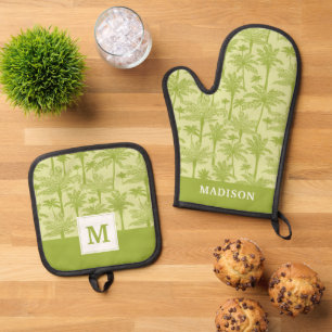 Green Palm Trees Pattern Oven Mitt & Pot Holder Set