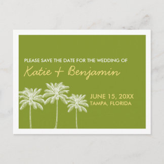 Green palm trees summer wedding chic save the date announcement postcard