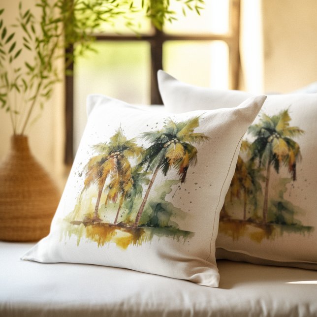 Green palm trees with coconuts water colour tropic cushion (Creator Uploaded)