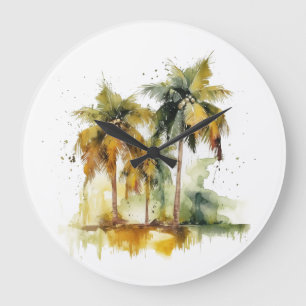 Green palm trees with coconuts water colour tropic large clock
