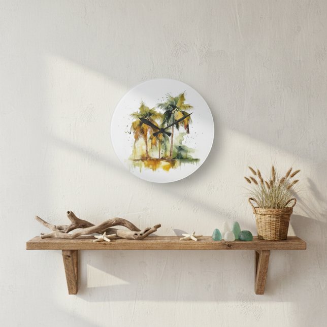 Green palm trees with coconuts water colour tropic large clock (Creator Uploaded)