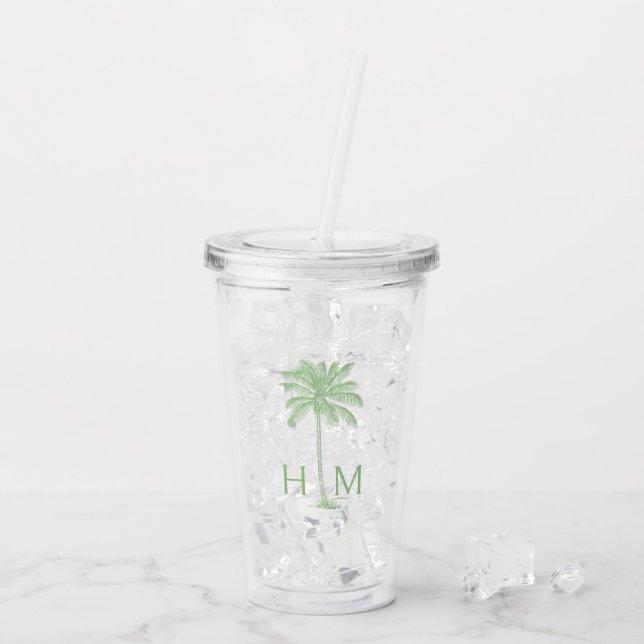 Green Palmetto Palm Tree Monogram Acrylic Tumbler (Back Ice)