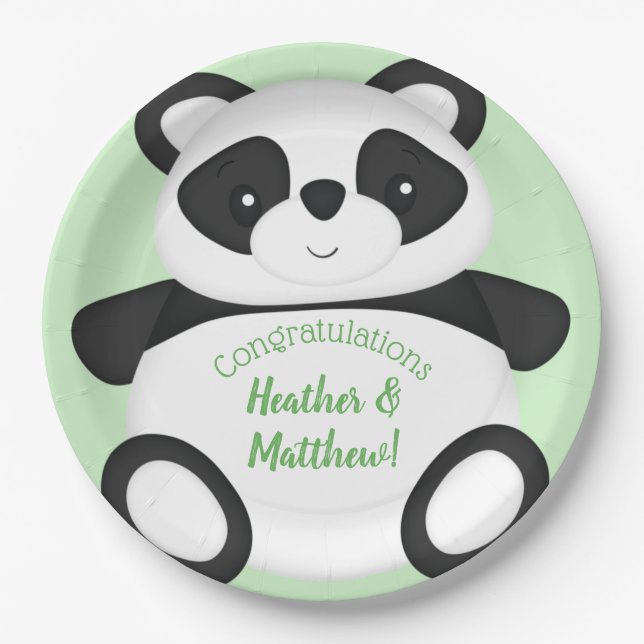 Green Panda Bear Baby Shower Paper Plate (Front)