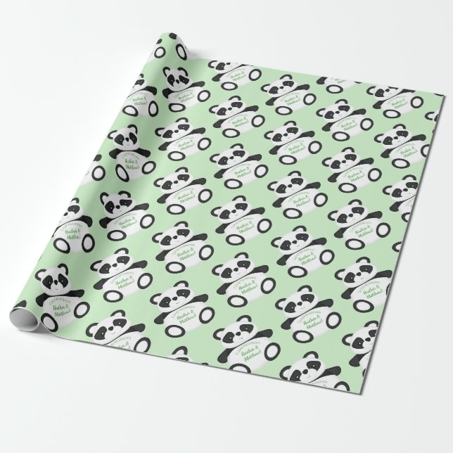 Green Panda Bear Baby Shower Wrapping Paper (Unrolled)