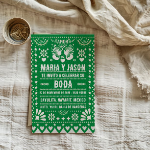 Green Papel Picado Fiesta Folk Art Spanish Wedding Invitation