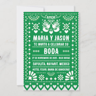 Green Papel Picado Fiesta Folk Art Spanish Wedding Invitation