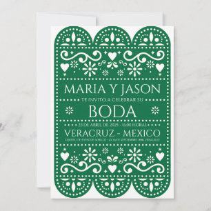 Green Papel Picado Folk Art Spanish Wedding Invitation