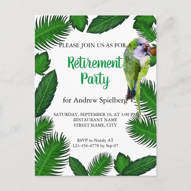 Green parrot and palm leaves retirement invitation postcard (Front)