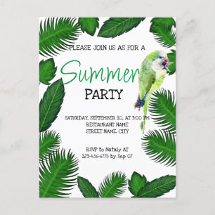 Green parrot and palm leaves summer invitation postcard