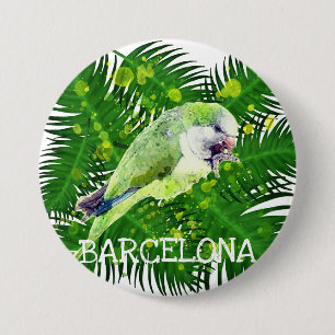 Green parrot and palm leaves watercolor 7.5 cm round badge