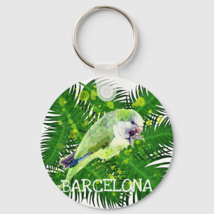 Green parrot and palm leaves watercolor key ring