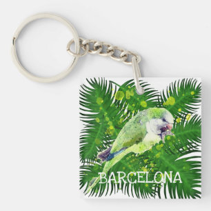 Green parrot and palm leaves watercolor key ring