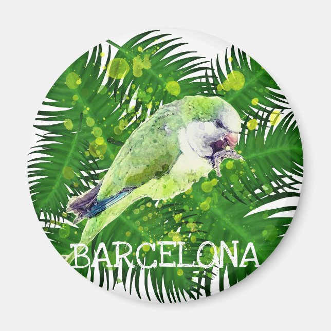 Green parrot and palm leaves watercolor magnet (Front)