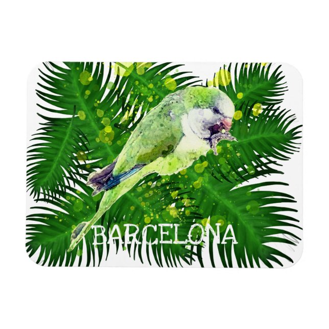 Green parrot and palm leaves watercolor magnet (Horizontal)