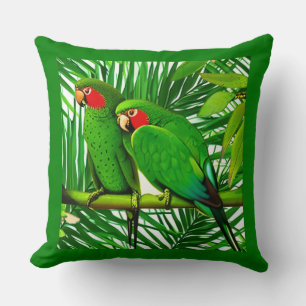 Green Parrot Couple in a Jungle Setting Cushion