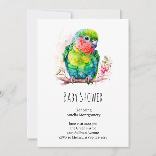 Green Parrot - Cute Baby Bird Baby Shower Invitation (Front)