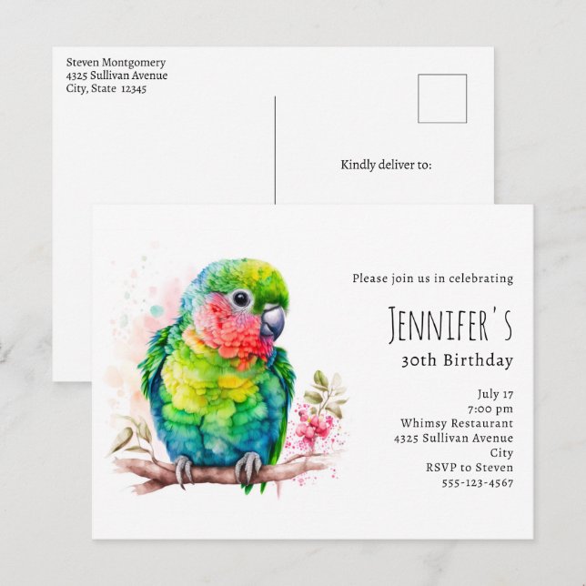 Green Parrot - Cute Baby Bird Birthday Invitation Postcard (Front/Back)