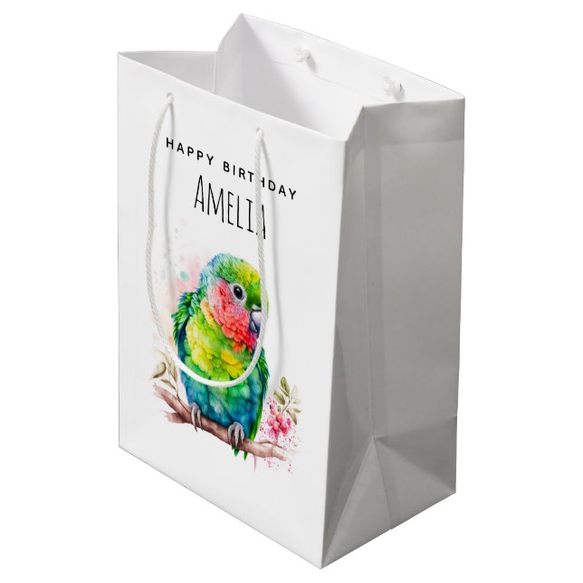 Green Parrot - Cute Baby Bird Birthday Medium Gift Bag (Back Angled)