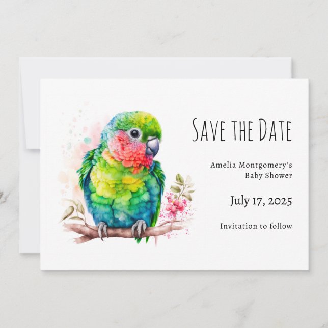Green Parrot - Cute Baby Bird Save The Date (Front)