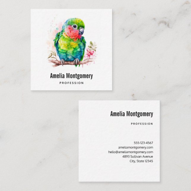 Green Parrot - Cute Baby Bird Square Business Card (Front/Back)
