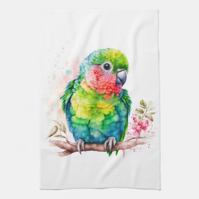 Green Parrot - Cute Baby Bird Tea Towel (Vertical)