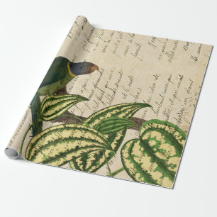 Green Parrot on Branch and Leaves Wrapping Paper
