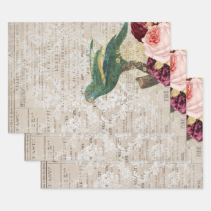 Green Parrot with Roses on Newspaper Wrapping Paper Sheet