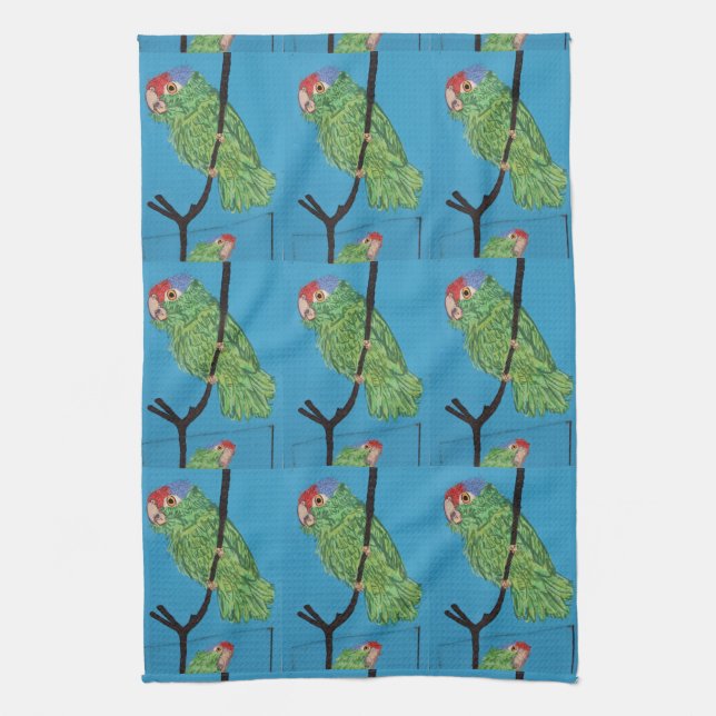 green parrots on blue kitchen towel (Vertical)