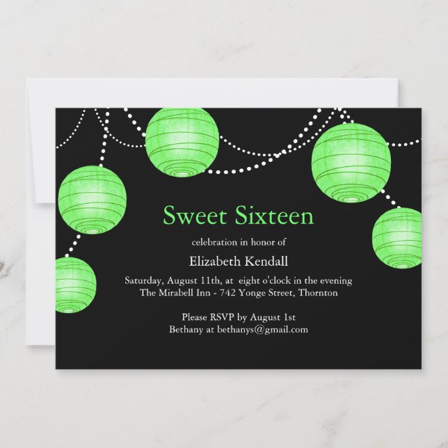 Green Party Lantern Sweet 16 Birthday Invitation (Front)