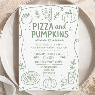 green Party Minimalist Doodle Pizza Fall Pumpkin Invitation