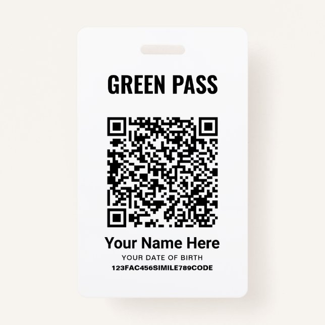 Green Pass Vaccination Certificate PVC Cool White ID Badge (Front)