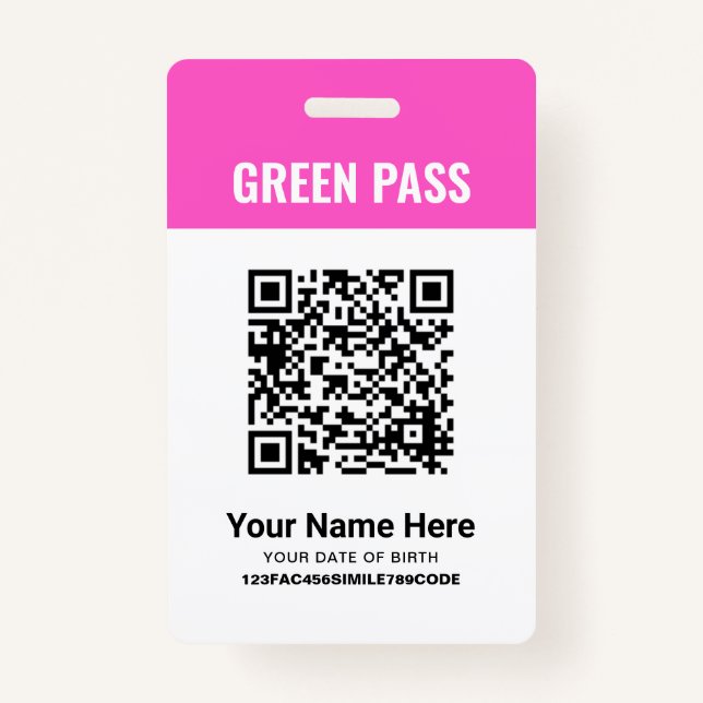 Green Pass Vaccination Certificate PVC Pink ID Badge (Front)