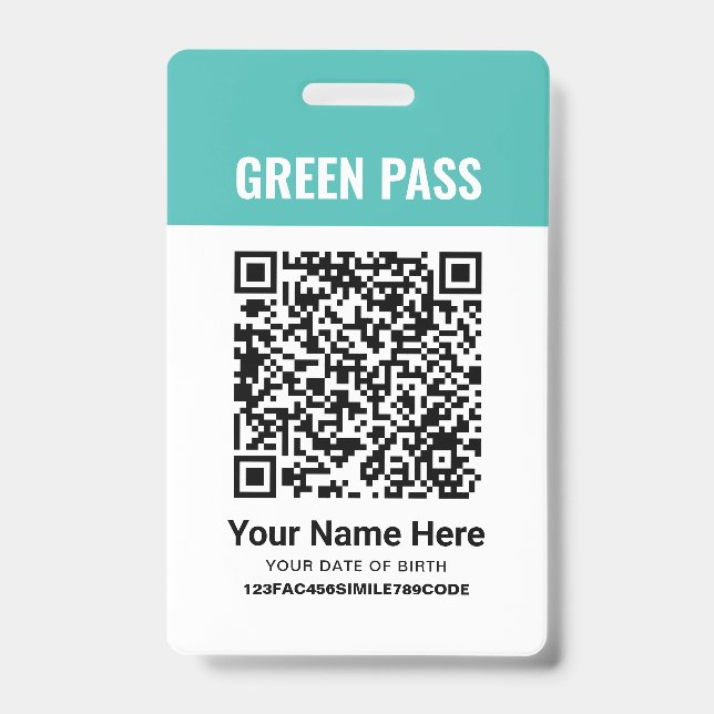 Green Pass Vaccination Certificate PVC Turquoise ID Badge (Front)