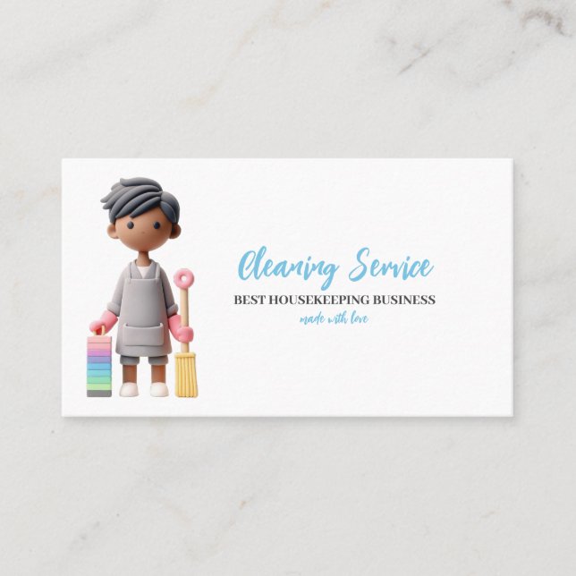 Green Pastel Cartoon man Cleaning Business Card (Front)