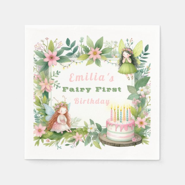 Green Pastel Fairy First Birthday - Napkin (Front)