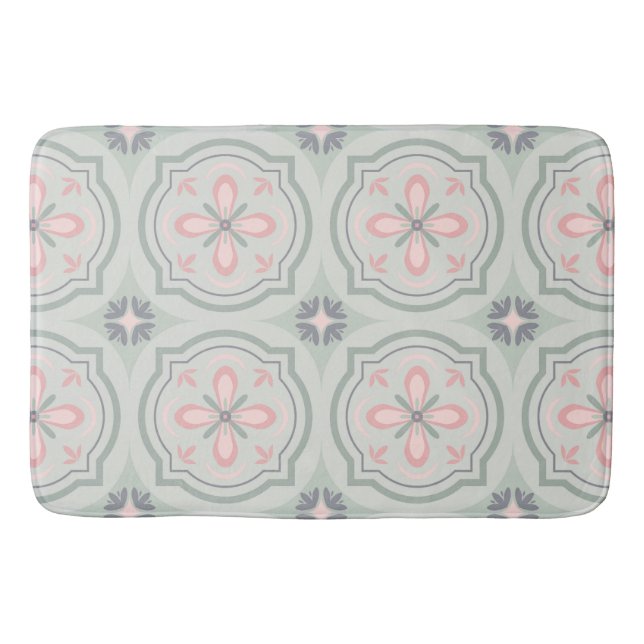 Green Pastel Floral Tiles Bath Mat (Front)
