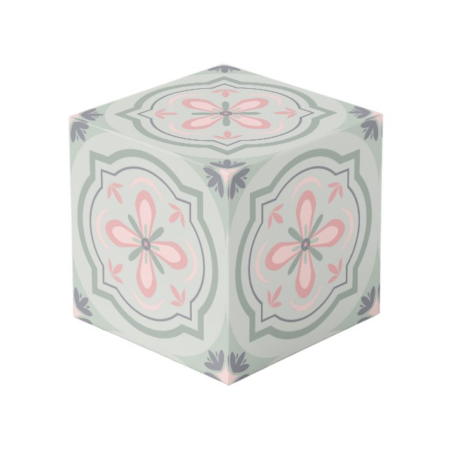 Green Pastel Floral Tiles Cube (Front Angled)