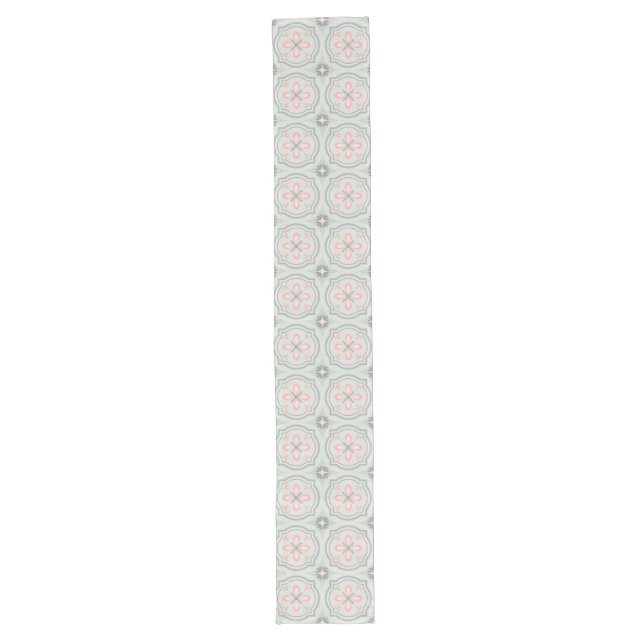 Green Pastel Floral Tiles Long Table Runner (Front)